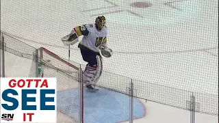 Marc-Andre Fleury Tries to Block Empty Net with Snow But Gets Caught