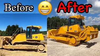 Frankenstein Deere 850J before and after restoration with Kevin’s handiwork ready for its new owner