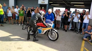 1967 Honda 6 RC174 pulls away from the pit lane. 2016 at Donington with Dennis Bunning