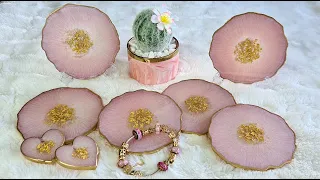 #965 Beautiful Pale Pink And Gold Agate Geode Resin Coasters