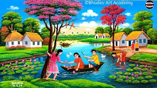Beautiful Spring Season Scenery Painting|Indian Village Woman Scenery Painting With Earthwatercolor