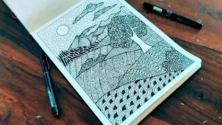 Draw with me easy Landscape in Zentangle Patterns