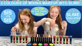 3 COLORS OF MIXING MAKEUP INTO CLEAR SLIME CHALLENGE | NEON COLORS  | SIS v’s SIS | RUBY AND RAYLEE