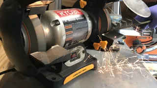 Sharping  lawnmower blades using bench grinder