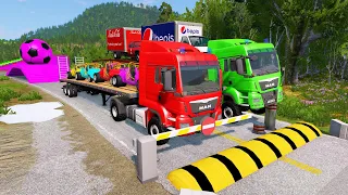 Double Flatbed Trailer Truck vs Speedbumps Train vs Cars Beamng.Drive#85