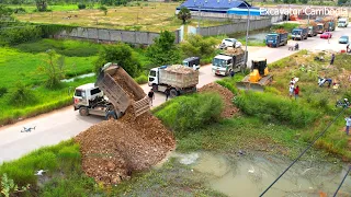 Impressive NEW PROJECT Dump Truck Unloading Soil Stone Into Slope & D61PX Dozer Pushing Into Water