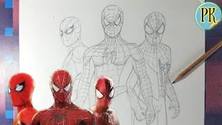 How To draw Spiderman together (Tobey Maguires, Andrew Garfield, Tom Holland) outline tutorial