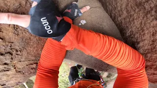 Climbing “Bond Street ***HVS 5a” at Millstone