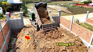 First truck, Processing Filling Up The Land Long, Bulldozer Working, Dump Truck Unloading