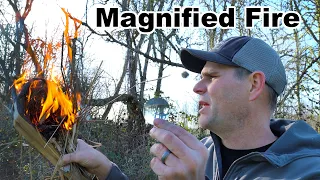 Magnified Fire - Using Sunlight & A Glass Lens To Make Fire. Quick and Easy.