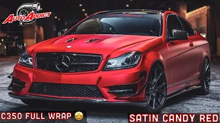 2012 Mercedes C350 Satin Candy Red Full Wrap with Gloss Black & Carbon Fiber Accents