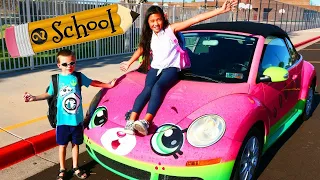 FIRST DAY OF SCHOOL IN THE CUTIE CAR!!! Real Shopkins Car Back To School & Kids Driving Prank 3 AM