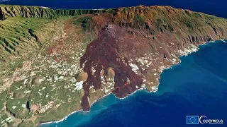 Avance de las coladas durante toda la erupción del volcán de La Palma, visto por Copernicus
