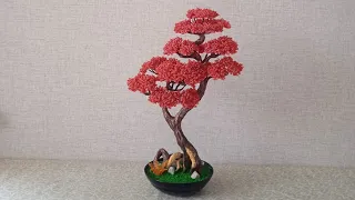Красный бонсай из бисера мастер-класс. Red bonsai master class.