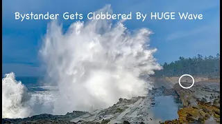 Massive Wave Explosion Clobbers Stormer Watcher @ Shore Acres, Oregon!
