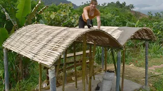 Building cabin made of bamboo and cement. Clever cabin construction. Construction skills