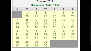 ISLAMIC CALANDAR DATES OCTOBER-2018