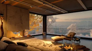 Warm Bedroom Ambience In Cozy Winter Day With Snowy and Crackling Fireplace to Sleep