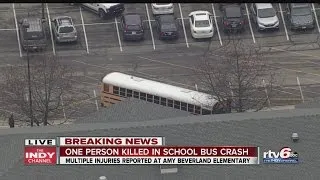 Skycam6 above school bus accident at Amy Beverland Elementary