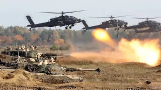 НАТО. Ударные вертолеты AH-64 Apache и танки M1A2 Abrams на учениях в Польше.