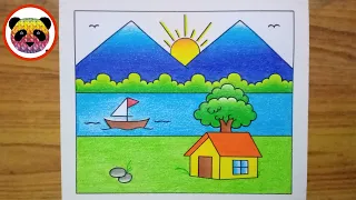 Scenery Drawing / How to Draw Beautiful Landscape Scenery / Village Scenery Drawing Easy / Drawing