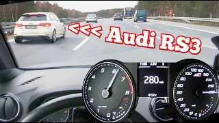 Seat Ibiza Cupra TSI chasing Audi RS3 on German Autobahn - POV Acceleration Top Speed