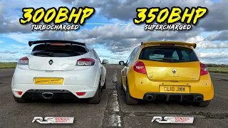 TURBO vs SUPERCHARGED.. 350HP CLIO RS200 vs 300HP MEGANE RS250