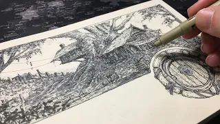 Sketchbook Ink Drawing Vlog | Hobbit House