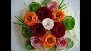 How to quickly make flowers from vegetables, decorating dishes.