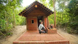 Building Complete Bushcraft Survival Brick Shelter, Wooden roof, Clay Fireplace, START To FINISH