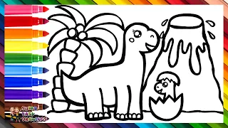 Draw and Color a Mama Dinosaur with Her Baby 🦕🥚🌴🌋🌈 Drawings for Kids