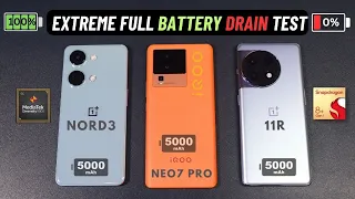 iQOO Neo 7 Pro vs Oneplus 11R vs OnePlus Nord 3 Extreme Battery Drain Test 100% to 0%