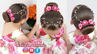 Penteado Infantil Fácil Arco em Ligas com Coque | Easy Bun Hairstyle with Elastics for Little Girls