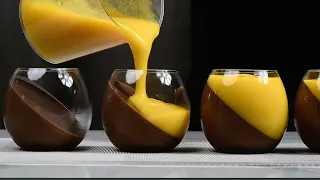 Chocolate mango cream dessert panna cotta in cups.