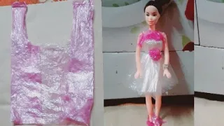 how to make dress for barbi doll/ plastic bag dress/ payel art and craft apd