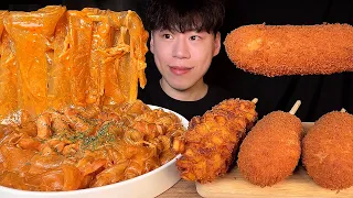 SUB)Korean Spicy Rose wide glass noodles & corn dog mukbang asmr