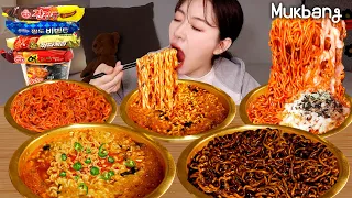밤12시 간단하게 최애라면 5종 순삭!!🍜열라면, 짜파게티, 불닭볶음면, 비빔면, 진짬뽕(ft.후식은 투썸 딸기초코케잌🍓)라면먹방 5 Korean ramen REAL MUKBANG