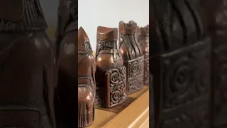 Isle of Lewis Resin/Metal Chess Pieces on Inlaid Beechwood Chest- desc in comments
