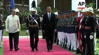 President Obama arrives at the Presidential Palace in Manila with a welcome ceremony and signs Presi