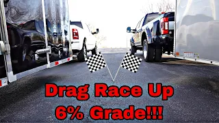 RAM VS Ford HD Drag Race Pulling 10K Up 6% Grade | Which Truck Will Win?!?!?!