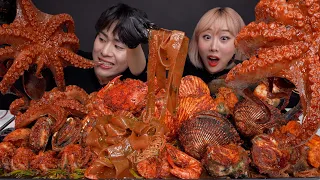 SUB)ASMR MUKBANG 레전드컴백!🔥핵매운🐙🦀해산물먹방3탄!🦐🦑문어+대왕키조개+꽃게+낙지+블랙타이거새우+전복.각종해물,미나리까지!SpicySeafoodEatingshow!