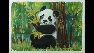 How to draw a panda with paints. Easy, step by step, gouache. Drawing training