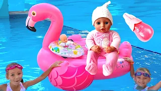 Baby Annabell and baby born dolls play in the pool and on the beach Video for kids | Magic twins