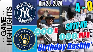 NY Yankees vs Brewers [Highlights] April 28, 2024 SOTO HR! VOLPE 3-RUN BOMB! VOLPE BORNED!