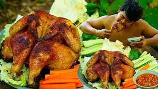 Survival Cooking Skill | FULL CHICKEN ROASTED | Fry Chicken Recipe with Carrot,Cucumber,Chili Sauce