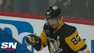 Penguins' Sidney Crosby Bats His Own Rebound Off Post In Midair For Power-play Goal