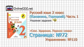 Страница 72 Упражнение 110 «Слог. Ударение...» - Русский язык 2 класс (Канакина, Горецкий) Часть 1