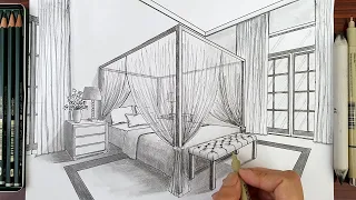 Drawing A Bedroom In Two Point Perspective | Timelapse