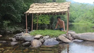 Primitive Technology: Build a Tiled Roof Hut on the Stream
