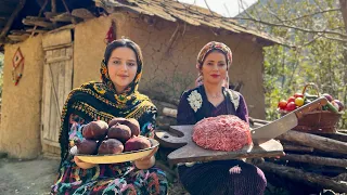 Beetroots and Minced Meat Turned to Meatballs and Red Stuffed Pilaf in Village